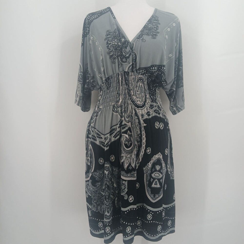 womans 5th & Love black and grey smocked waist short sleeve dress size large